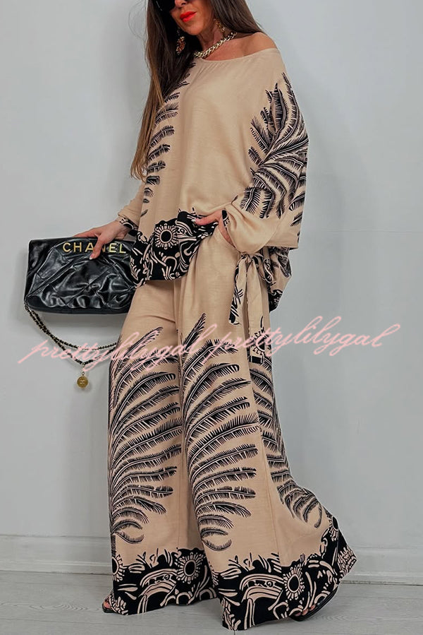 Unique Print Loose Drawstring Long Sleeve Top and Elastic Waist Casual Pocket Wide Leg Pants Set