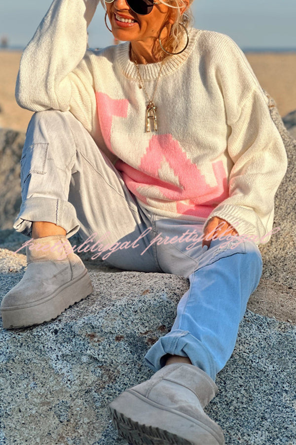 Letter Pattern Crew Neck Long Sleeve Loose Knit Sweater