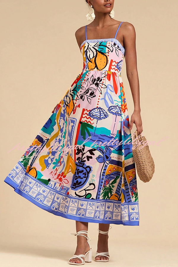 Unique Printed Sling Back Pleated Holiday Midi Dress