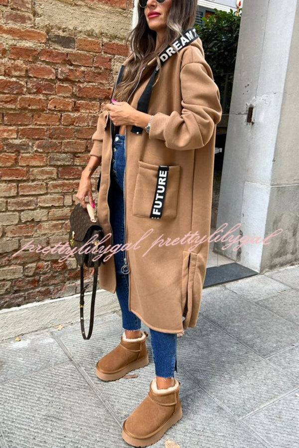 Fashionable and Casual Hooded Zipper Pocket Loose Long Coat