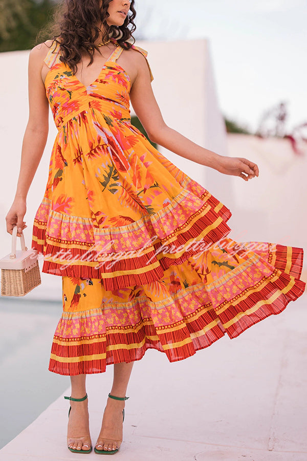 Tropical Sunset Unique Print Pleated Tie-up Straps Tiered Midi Dress