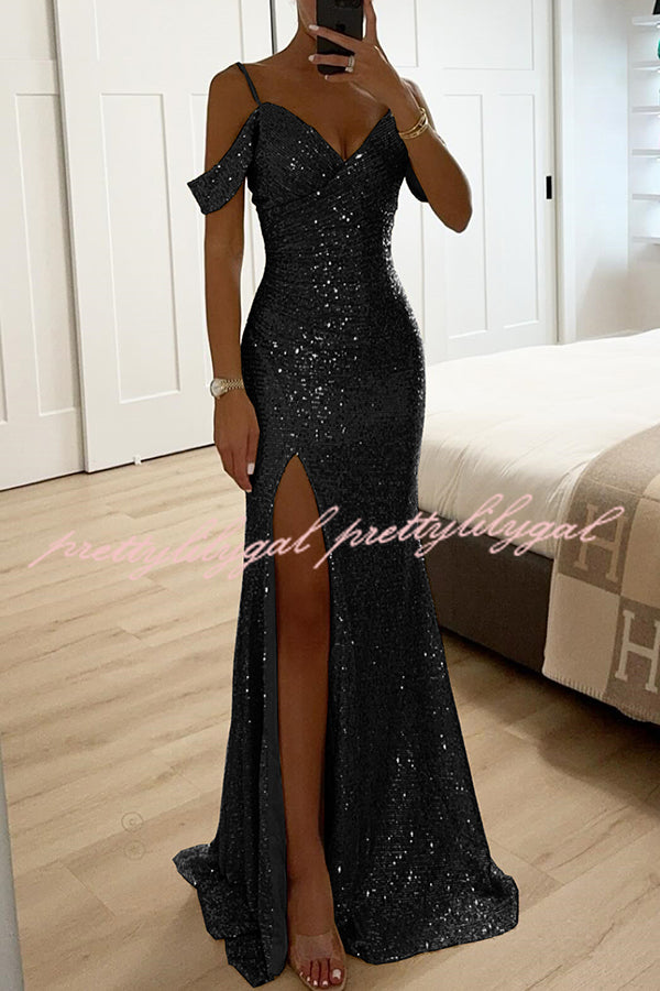 Prom Dreamland Sequin Cold Shoulder Ruched Slit Maxi Dress