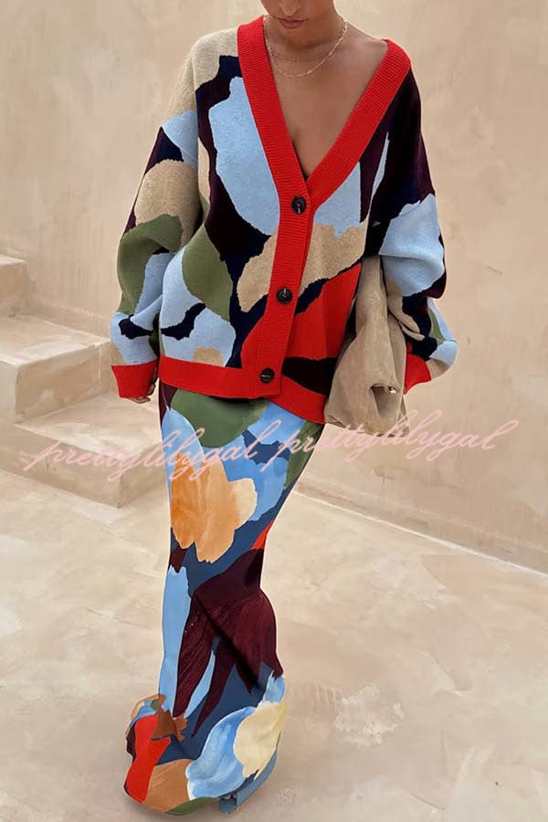 Bright and Bold Knit Abstract Color Blocks Button Long Sleeve Loose Cardigan