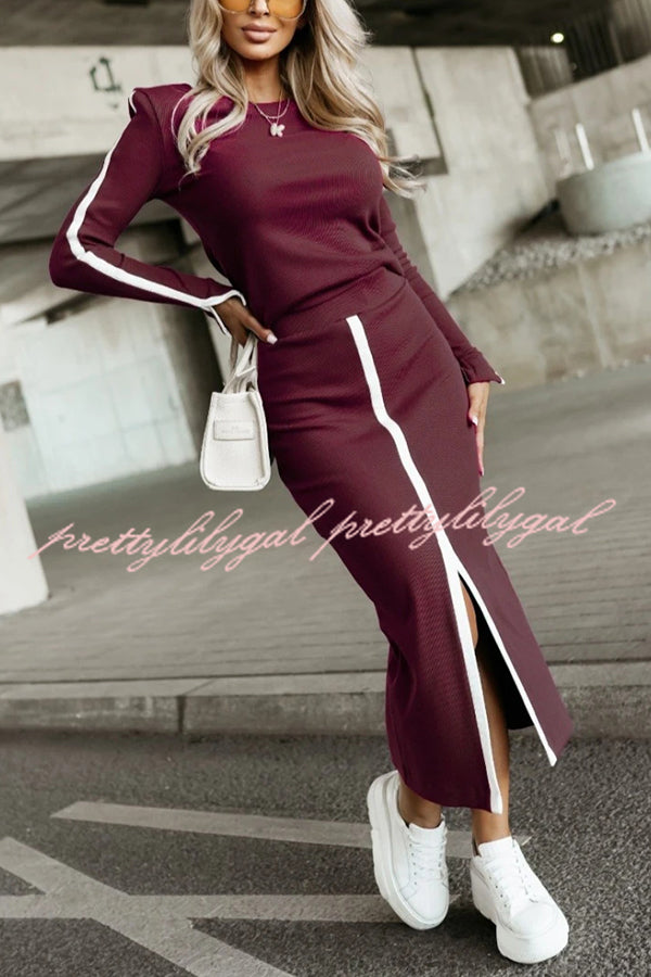 Stylish Paneled Long Sleeve Crew Neck Top and Elastic Waist Slit Midi Skirt Set