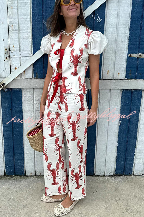 Fun Vacation Lobster Print High Rise Straight Pants