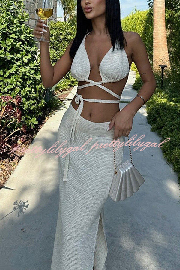 Solid Color Sexy Lace-up Swimsuit and Knitted Elastic Slit Beach Maxi Skirt Set