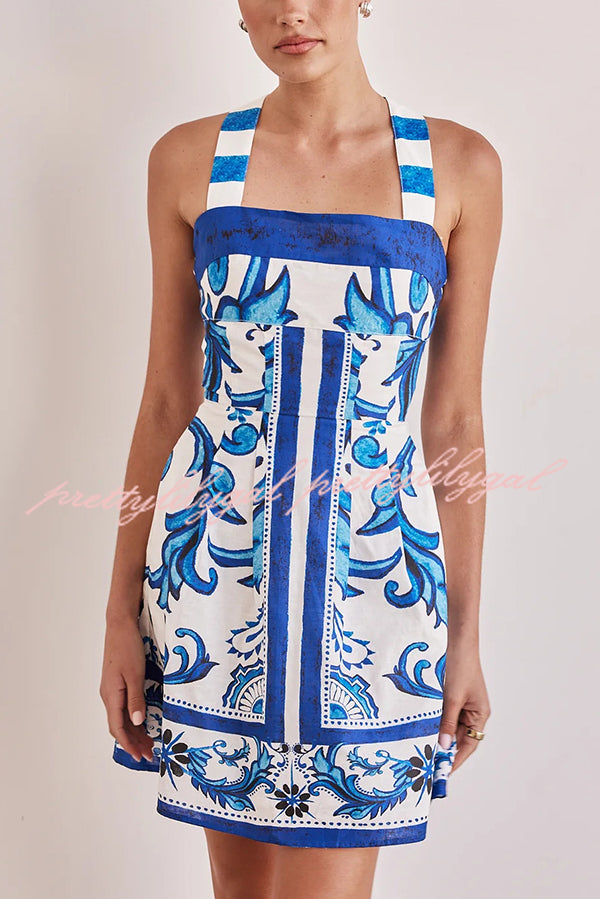 Channeling Summer Linen Blend Unique Print Wide Strap Pocketed Mini Dress