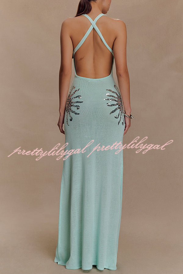 Sparkling Nights Knit Sunburst Sequin Detail Back Cross Straps Stretch Maxi Dress