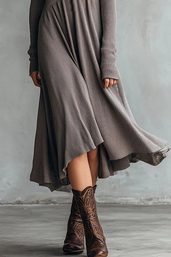 Solid Color V-neck Long-sleeved Casual Knit Midi Dress – prettylilygal
