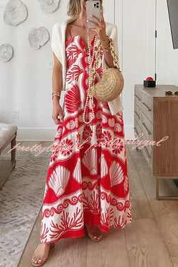 Beautiful Shell Unique Print Front Lace-up Loose  Maxi Dress