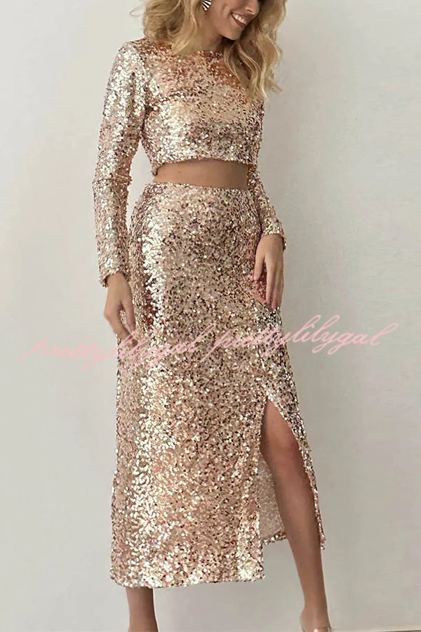 Solid Sequined Long-sleeved Crop Top and Sexy Slit Midi Skirt Set