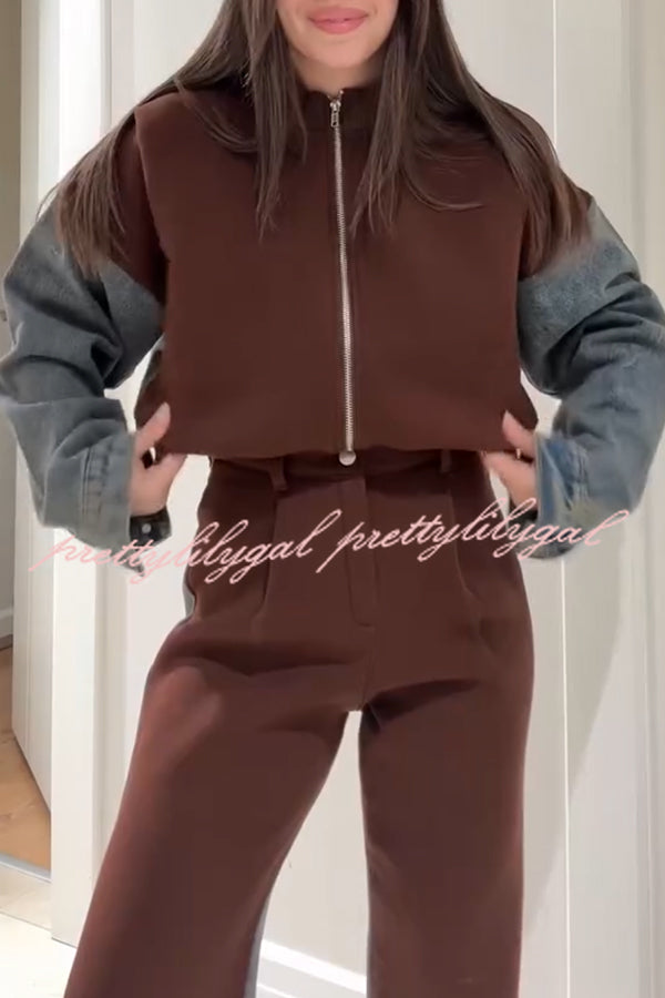 Sports Fashion Denim Patchwork Sweatshirt Fabric Zipper Long Sleeve Loose Jacket