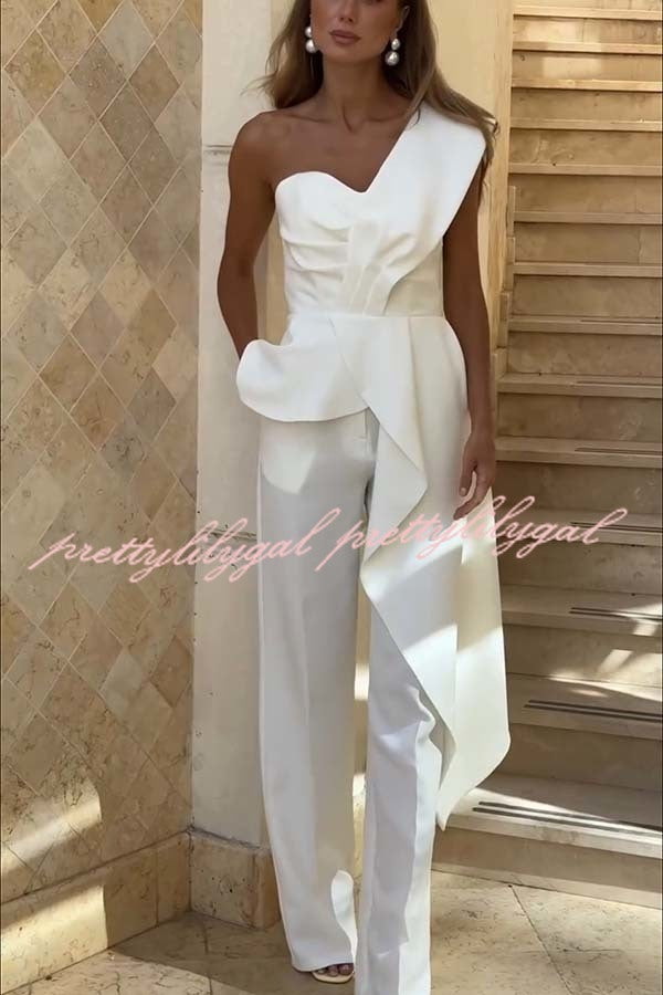 Amena One Shoulder Sweetheart Neck Ruffle Hem Top and Elastic Waist Pocket Wide Leg Pants Set