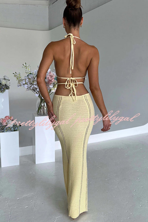 Effortlessly Cool and Sexy Knit Crochet Cutout Halter Tie-up Stretch Maxi Dress