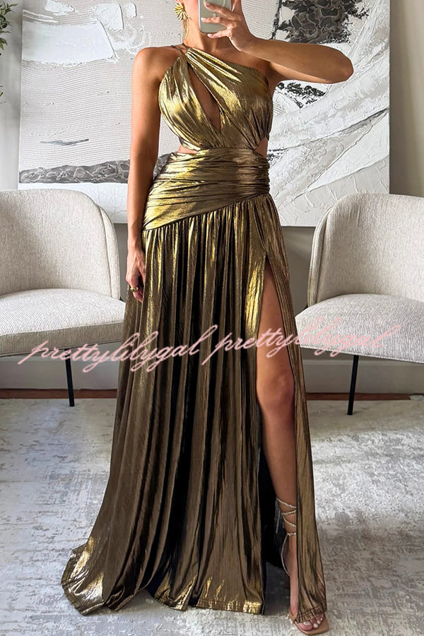 Shine Bright Metallic Fabric One Shoulder Cutout Back Lace-up Slit Maxi Dress