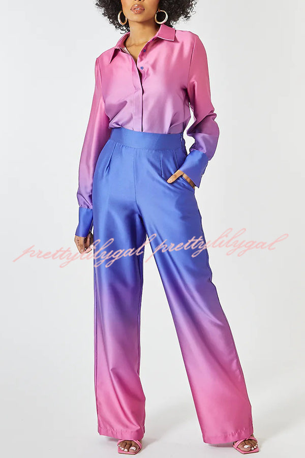 Gradient Long-sleeved Shirt Top and Loose-fitting Pocket Straight-leg Pants Set