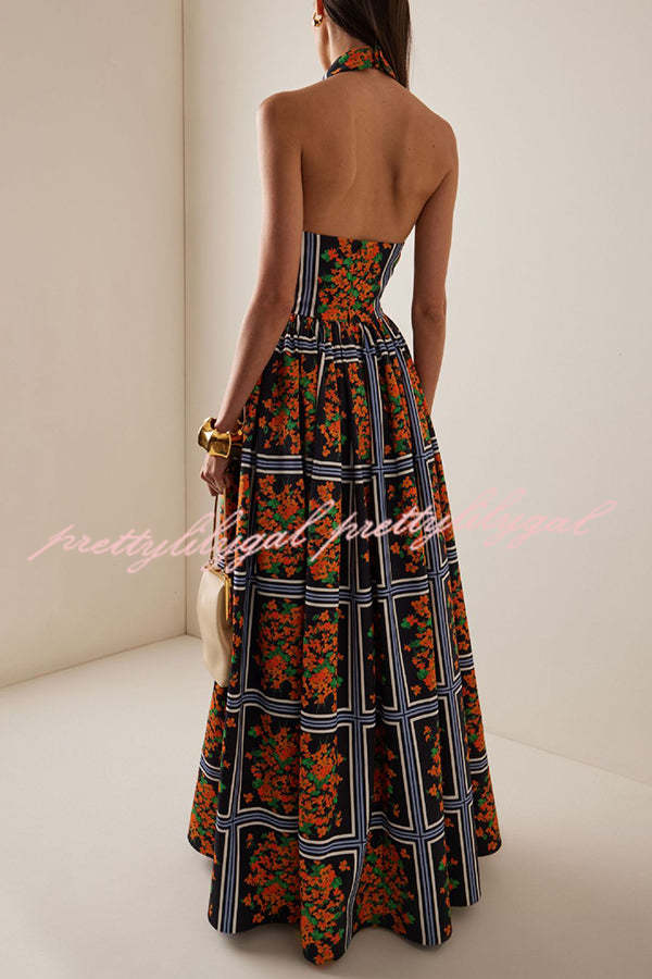 Floral Print Sexy Halter Neck Backless Elegant Maxi Dress