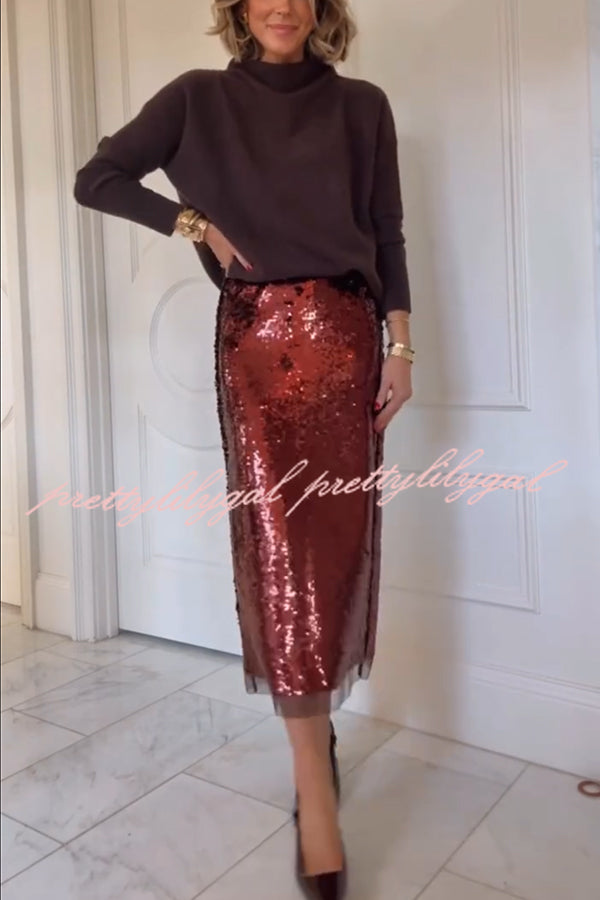 Upper East Chic Sequin Mesh Trim High Rise Slit Pencil Midi Skirt