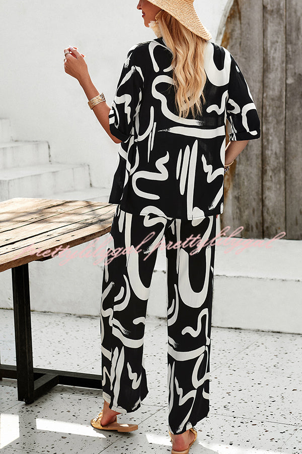 Irregular Printed Button Pocket Long Sleeved Shirt and Elastic Waist Pants Set