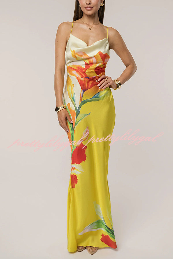 Luisa Satin Floral Print Cowl Neck Sexy Open Back Tie-up Maxi Dress