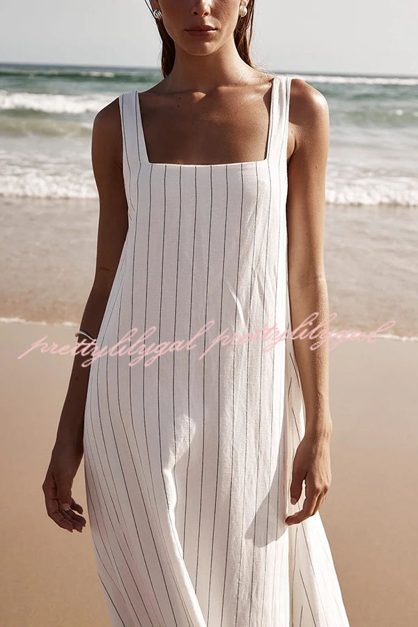 Simple and Stunning Linen Blend Pinstripe Detail Square Neck A-line Maxi Dress