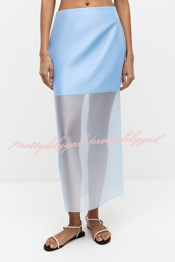 Simple and Light See-through Fabric Mid Rise Pencil Slit Midi Skirt