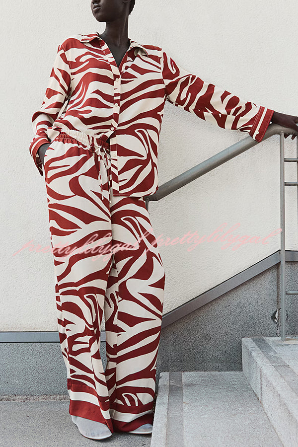 Unique Print Lapel Long Sleeve Loose Shirt and Elastic Waist Casual Pocket Wide Leg Pants Set