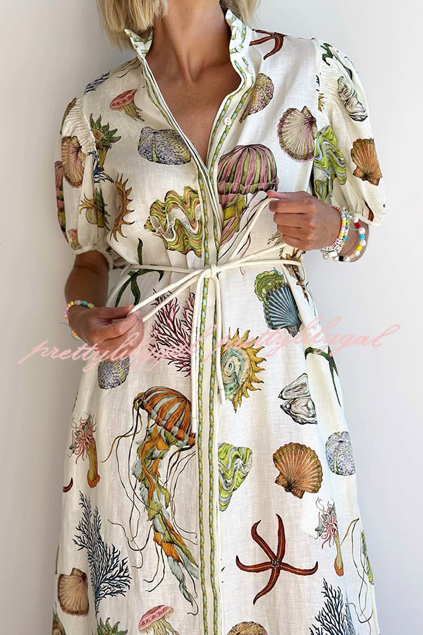 Beach Shell Print Puff Sleeve Tie-Waist Casual Midi Dress