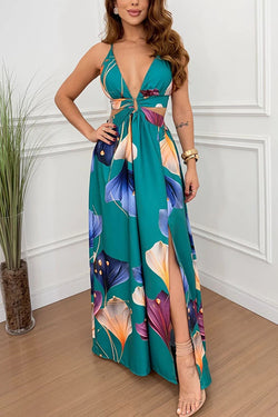Seinah Floral Print Cutout Waist Open Back Lace-up Slit Maxi Dress –  prettylilygal