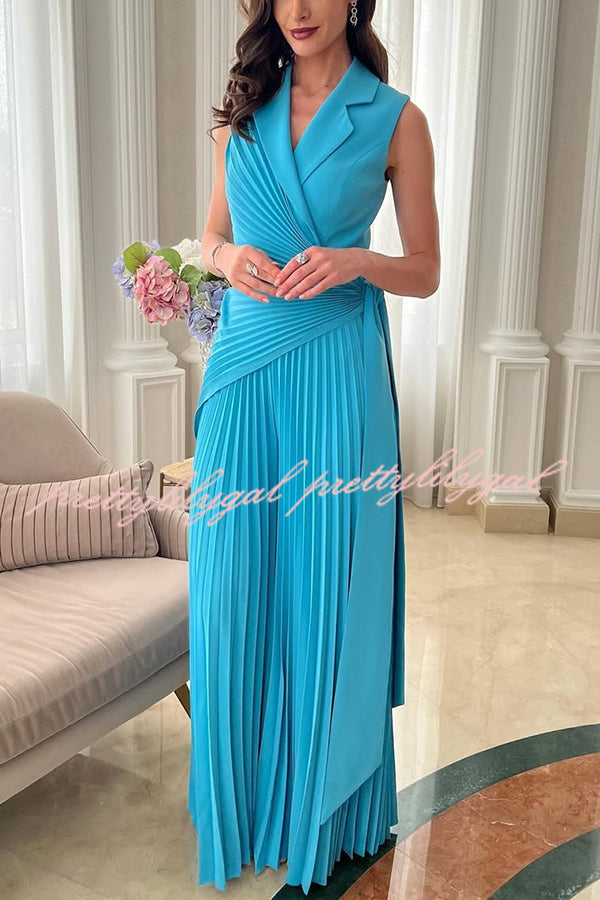 Solid Color Lapel Sleeveless Waist Tie Pleated Wide-leg Jumpsuit