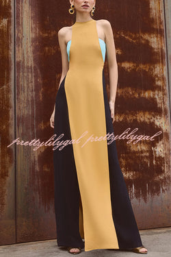 Fashionable Contrast Color Stitching Sleeveless Slim Maxi Dress