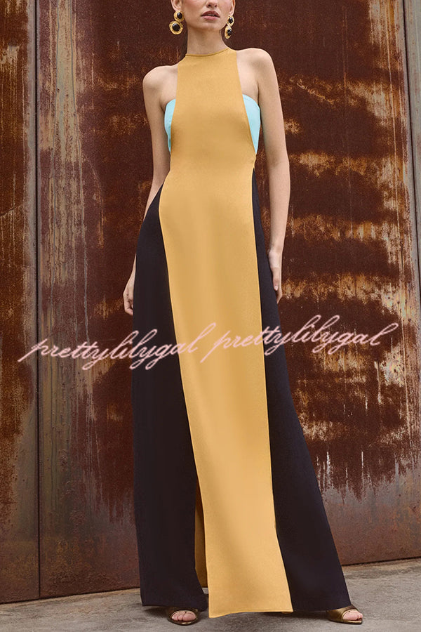 Fashionable Contrast Color Stitching Sleeveless Slim Maxi Dress