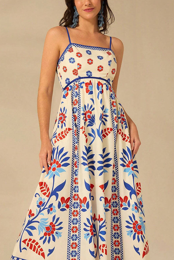 Unique Printed Sling Back Pleated Loose Holiday Maxi Dress