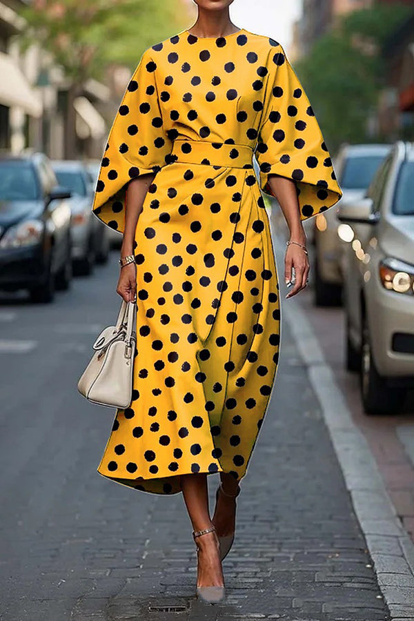 Unique Print Batwing Sleeve Waisted Casual Midi Dress