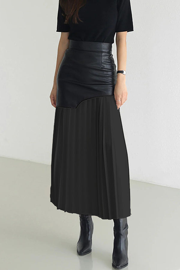 Fashionable Patchwork Contrast Color Pleated Midi Skirt