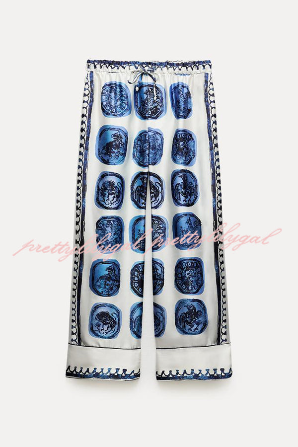 Unique Print Lapel Long Sleeve Shirt and Elastic Waist Wide Leg Pants Set