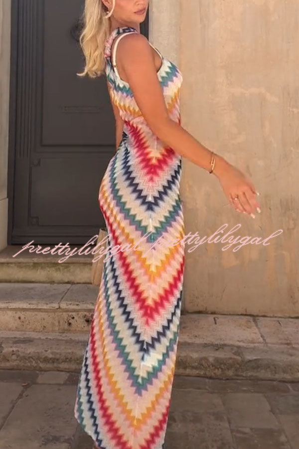 Vacay Charm Knit Colorful Zigzag Pattern One Shoulder Slit Maxi Dress