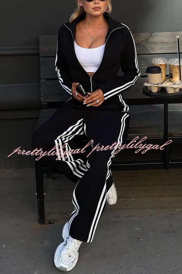 Fashionable Sports Style Striped Long-sleeved Jacket and Elastic Waist Casual Pants Set