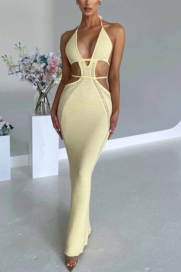 Effortlessly Cool and Sexy Knit Crochet Cutout Halter Tie-up Stretch Maxi Dress