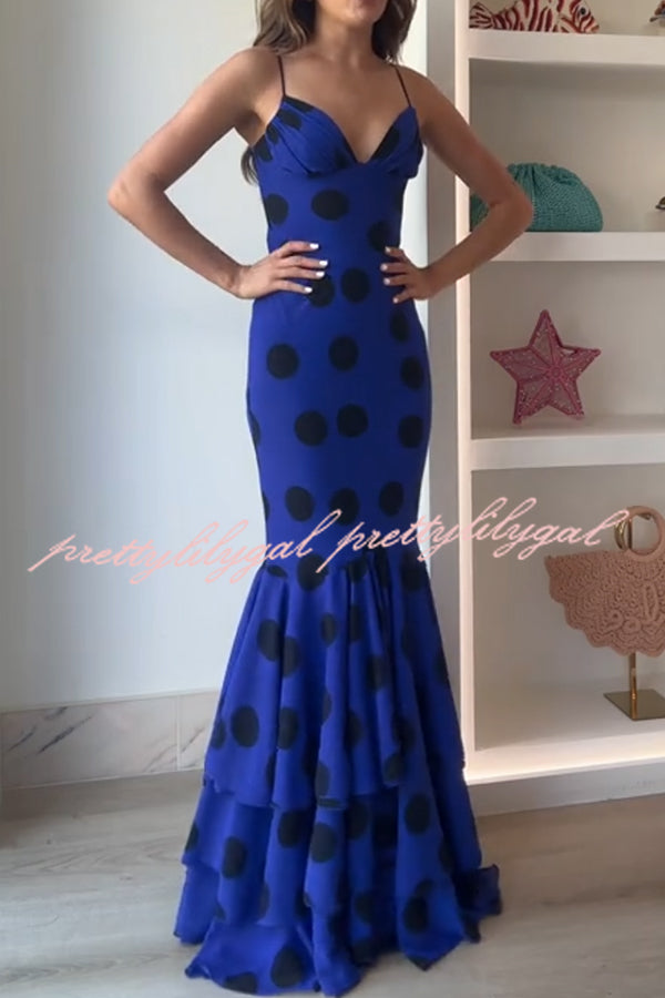 Eliora Mesh Polka Dot Print Gathered Bust Layered Fishtail Hem Maxi Dress
