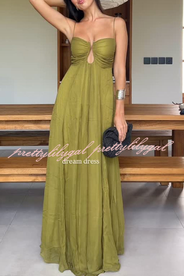 Soft and Elegant Metal Hollow Design Back Smocked A-line Slip Maxi Dress