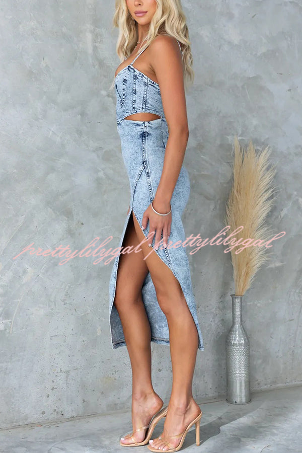 Felicia Washed Denim Princess Seams Cutout Waist Back Zipper Stretch Midi Dress