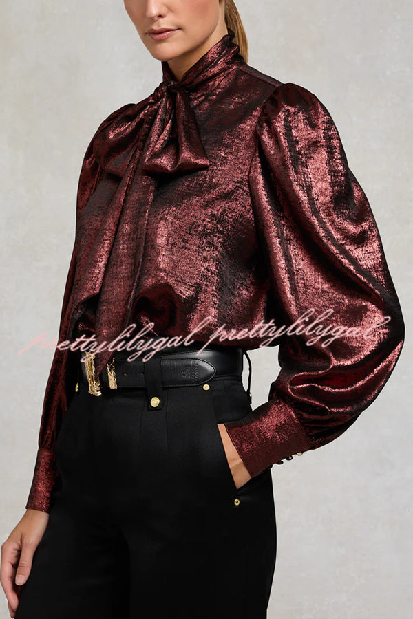 Ariella Metallic Satin Fabric Tie-up Bow Neck Long Sleeve Blouse