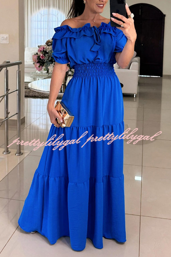 Admit Your Feelings Off Shoulder Smocked Waist Maxi Dress