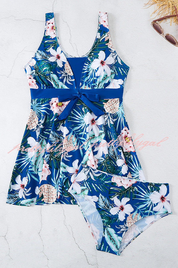 Cheerful Floral Print Bow Detail Tankini Swimsuit Set