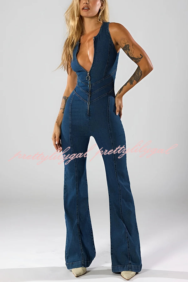 Fashionable Heart Hollow Back Slim High Waist Flared Denim Jumpsuit