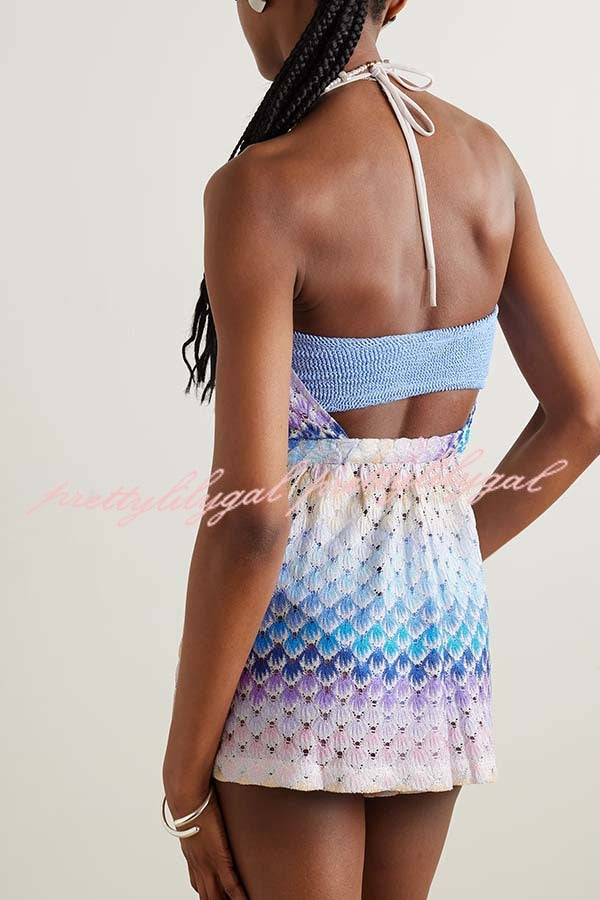 Wave Waves Knit Colorful Zigzag Pattern Halter Neck Backless Loose Romper