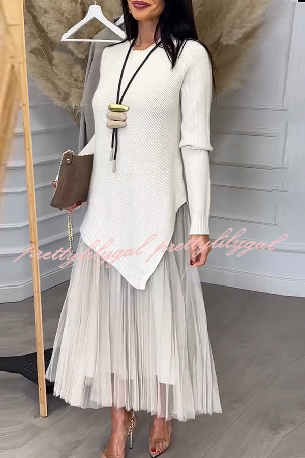 Jensine Ribbed Knit Irregular Loose Sweater and Pleated Tulle Tank Midi Dress Two-piece Set