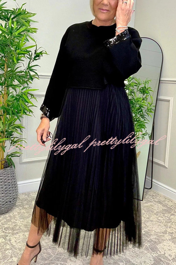 Fenna Ribbed Sequin Trim Batwing Sleeve Sweater and Pleated Tulle Stretch Tank Midi Dress Two-piece Set