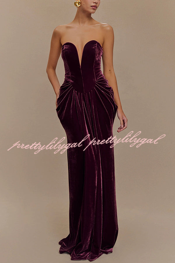 Paige Velvet Off Shoulder Side Pleated Hip Drape Maxi Dress
